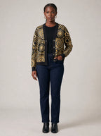 "Sahara" Cardigan — on model with hands in her jeans pockets