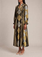 "Fataki" Long Puff Sleeve Dress — three-quarter view on model