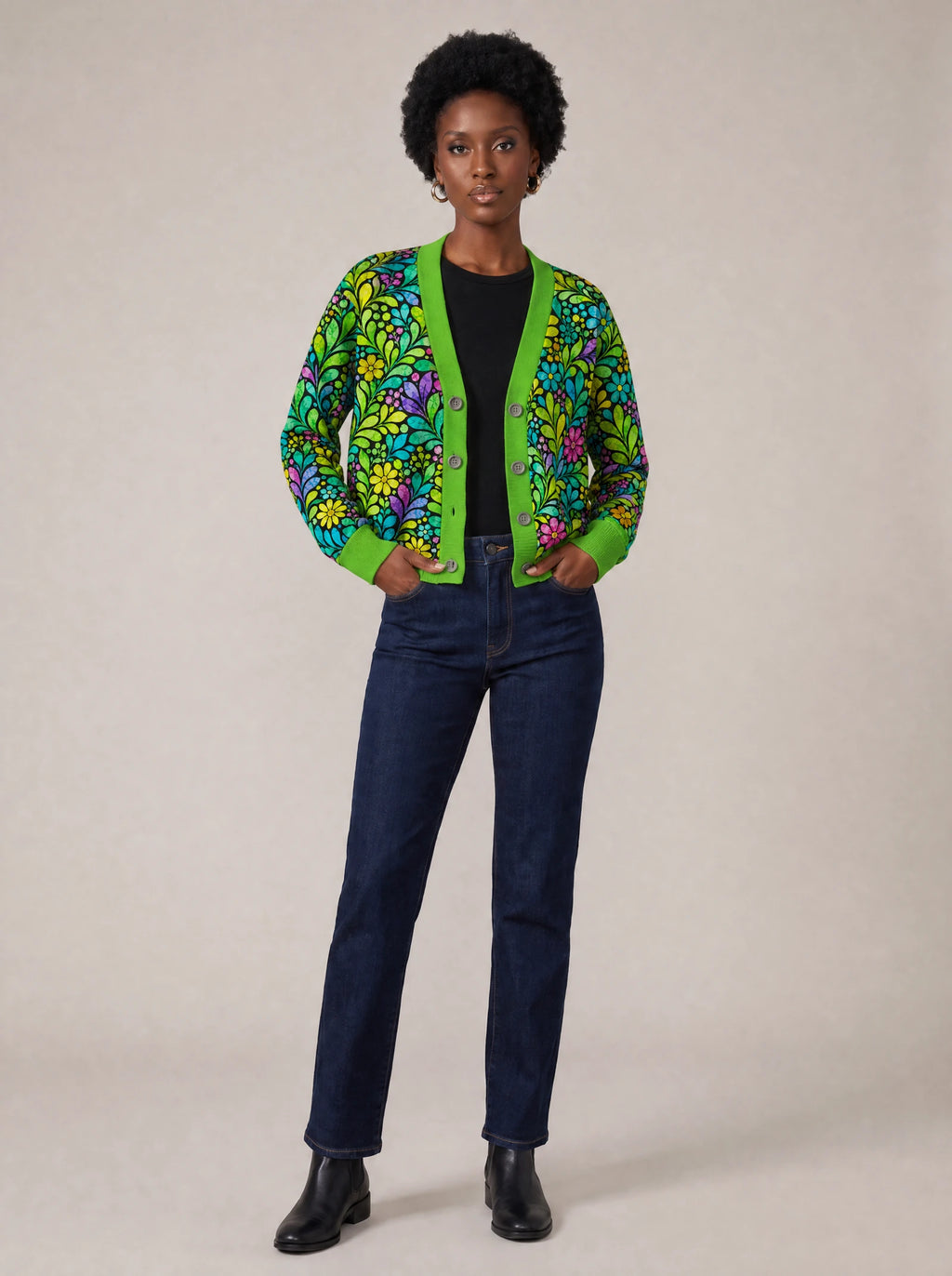 "Zumaridi" Cardigan — on model with hands in her jeans pockets