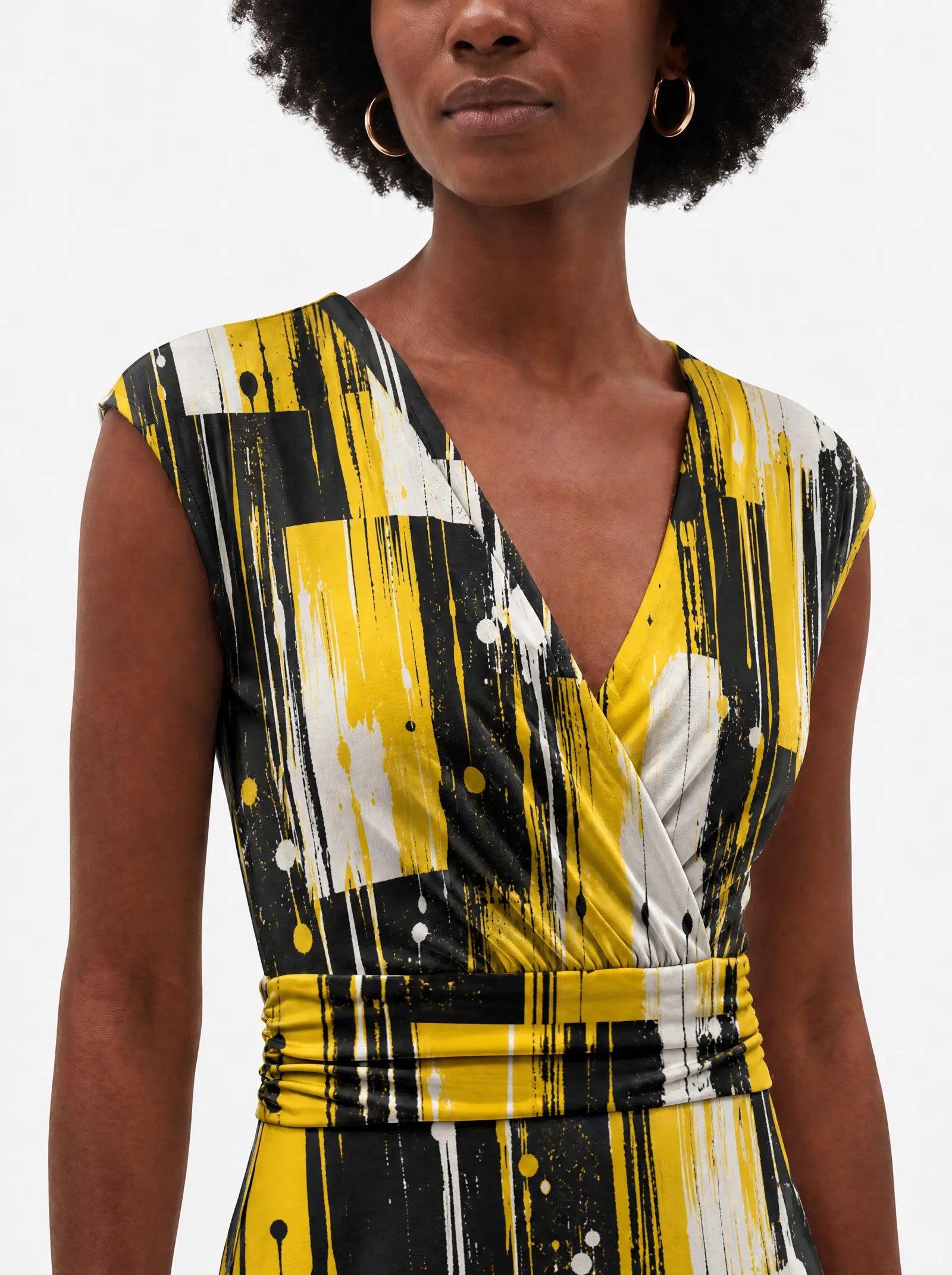 "Mvua" Cap Sleeve Midi Dress — close-up of the V-neckline and cap sleeve