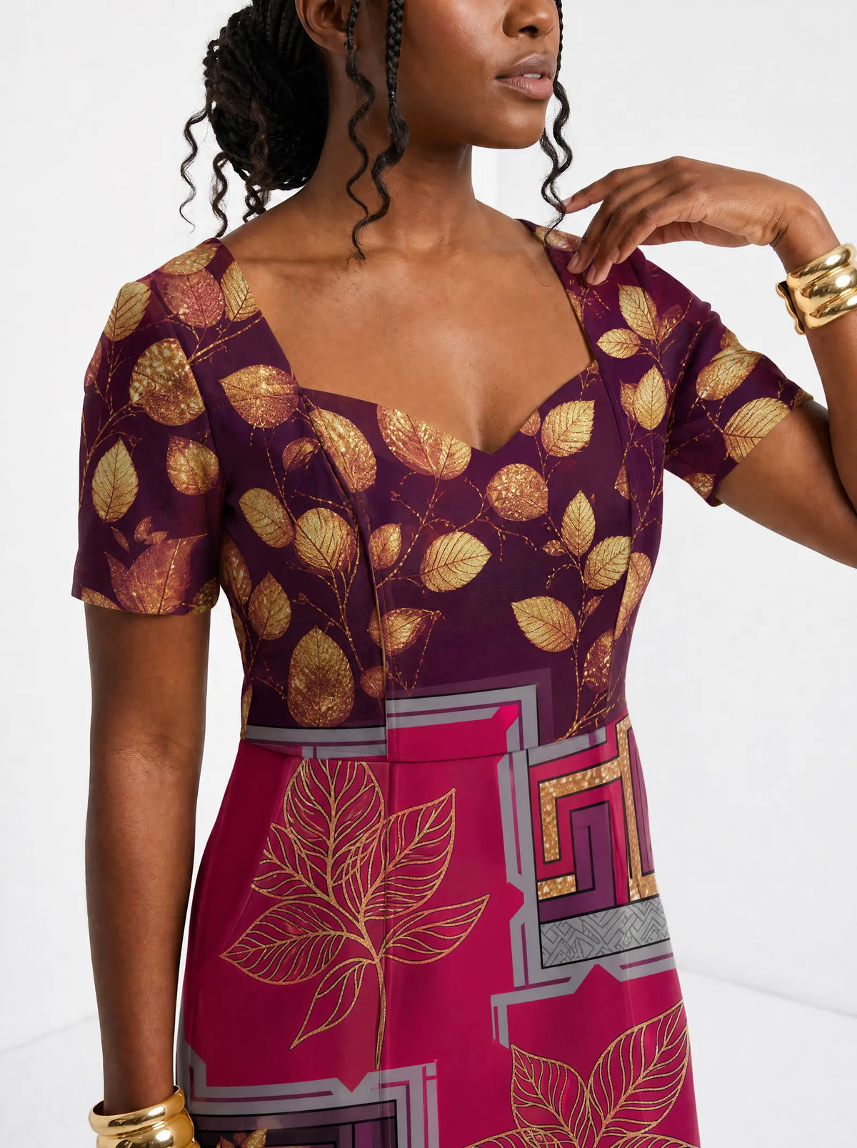 "Vuli" Sweetheart Midi Dress — close-up of the sweetheart neckline and short sleeve