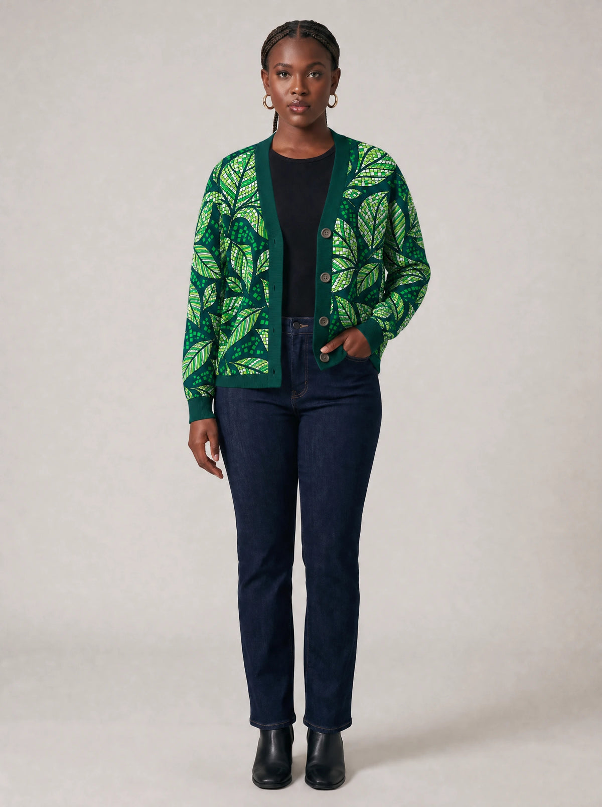 "Jani" Cardigan — on model with hands in her jeans pockets