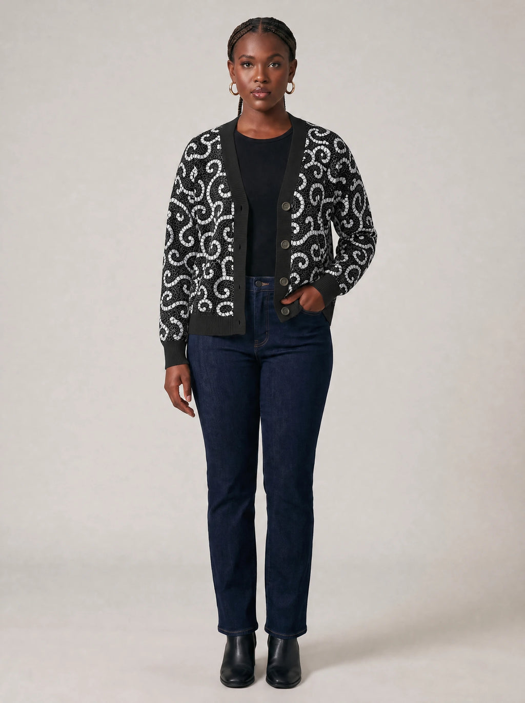 "Duara" Cardigan — on model with hands in her jeans pockets