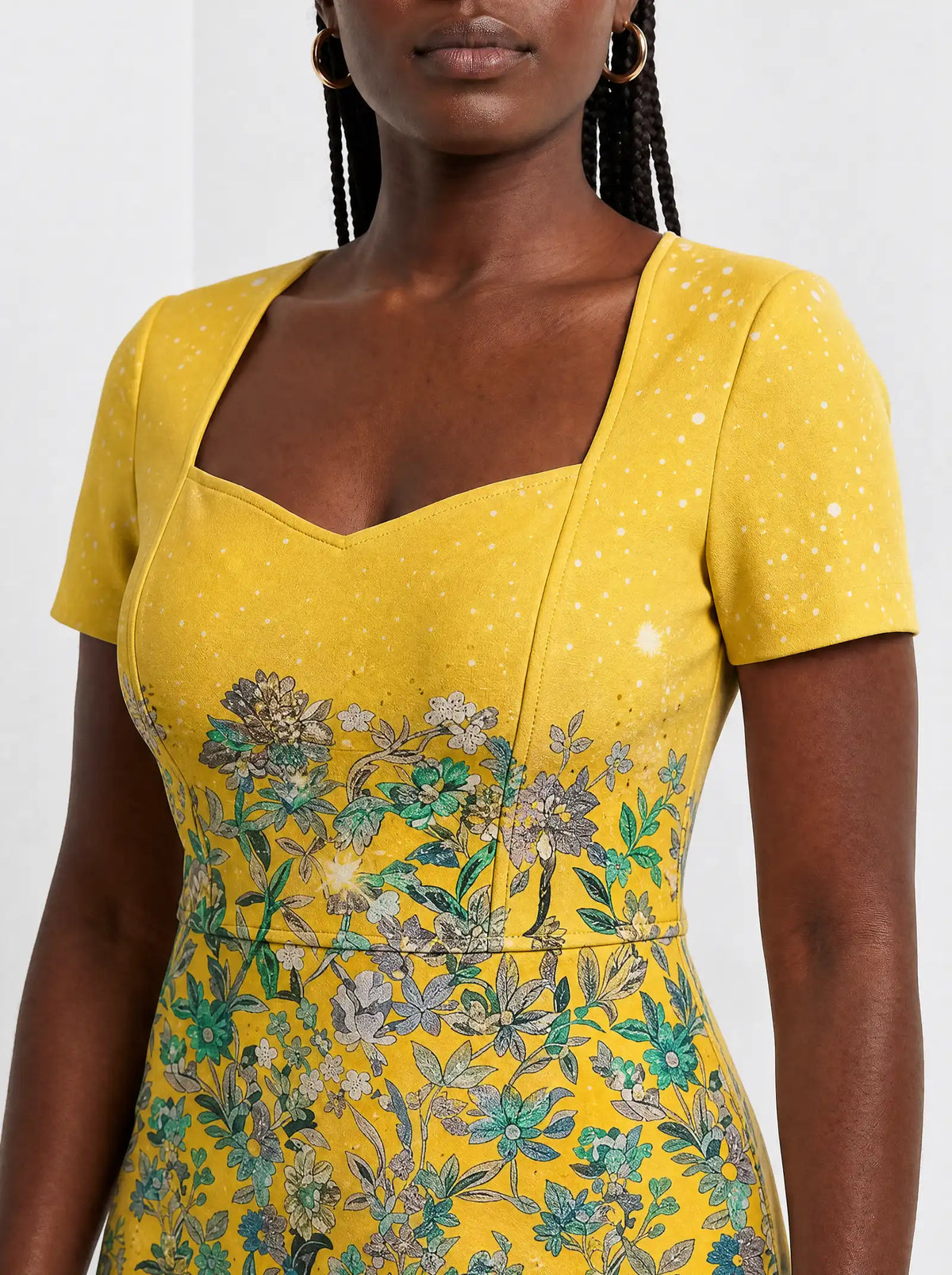 "Alfajiri" Sweetheart Midi Dress — close-up of the sweetheart neckline and short sleeve