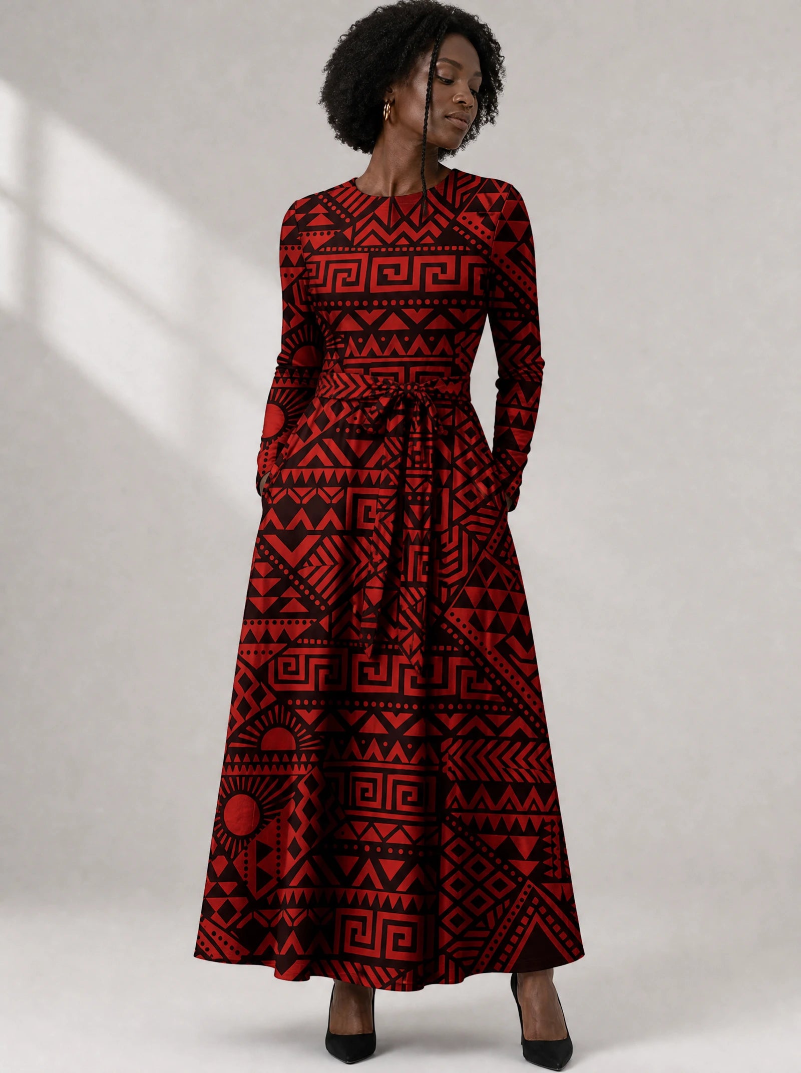"Shaka" Viscose Midi Dress — close-up of the round neckline and long sleeve