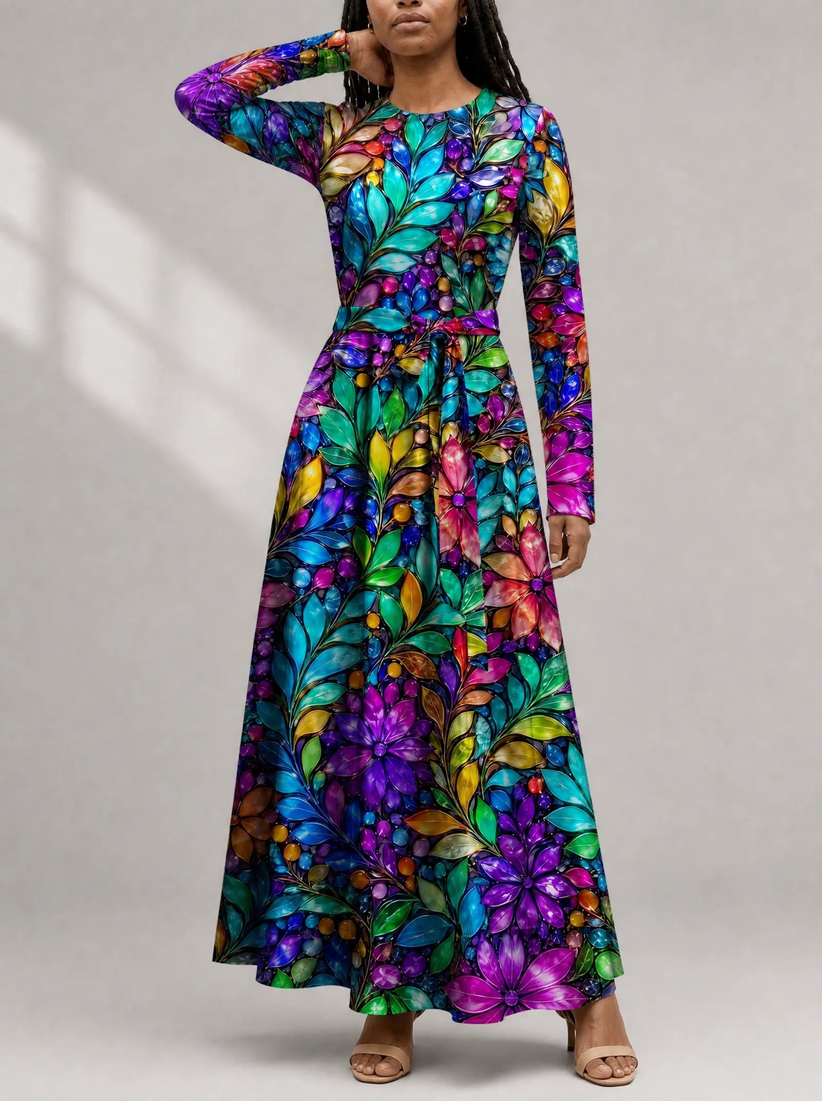 "Upinde" Viscose Midi Dress — close-up of the round neckline and long sleeve