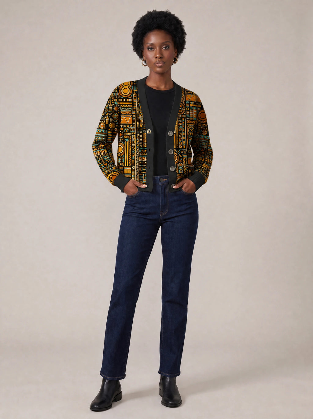 "Afrocentric Pattern" Cardigan — on model with hands in her jeans pockets