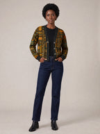 "Afrocentric Pattern" Cardigan — on model with hands in her jeans pockets