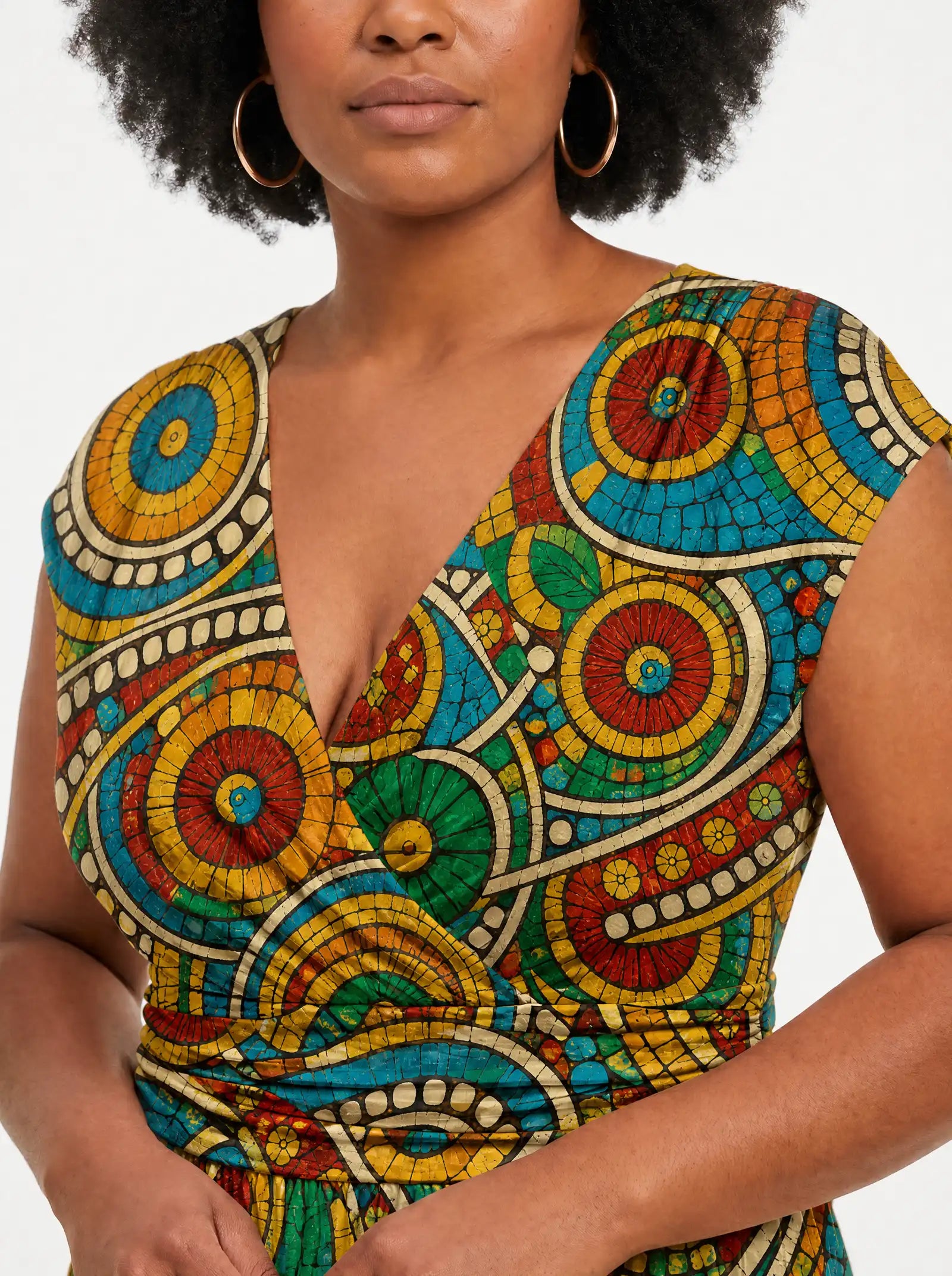 "Taji" Cap Sleeve Midi Dress — close-up of the V-neckline and cap sleeve