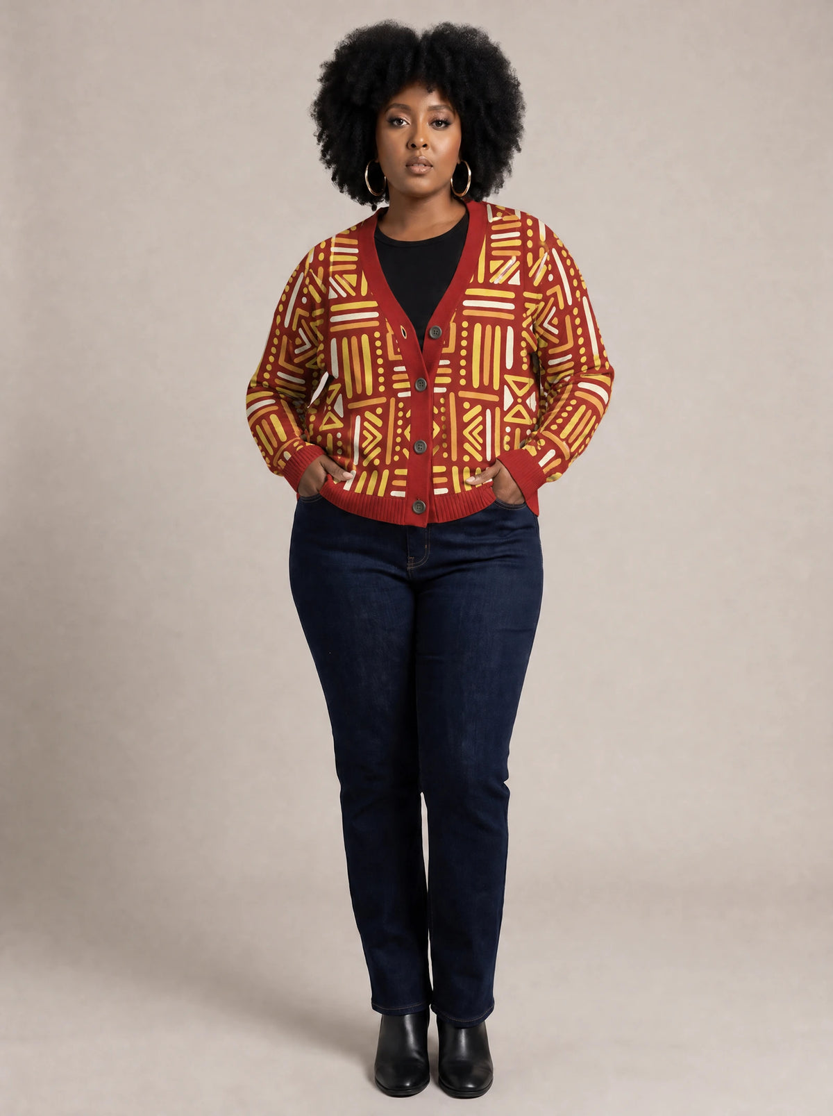 "Mistari" Cardigan — on model with hands in her jeans pockets