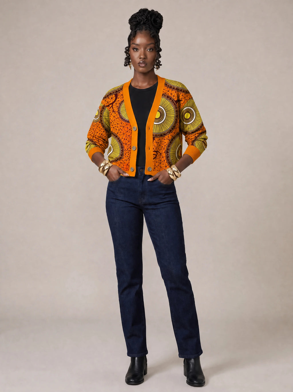 "Mchana" Cardigan — on model with hands in her jeans pockets