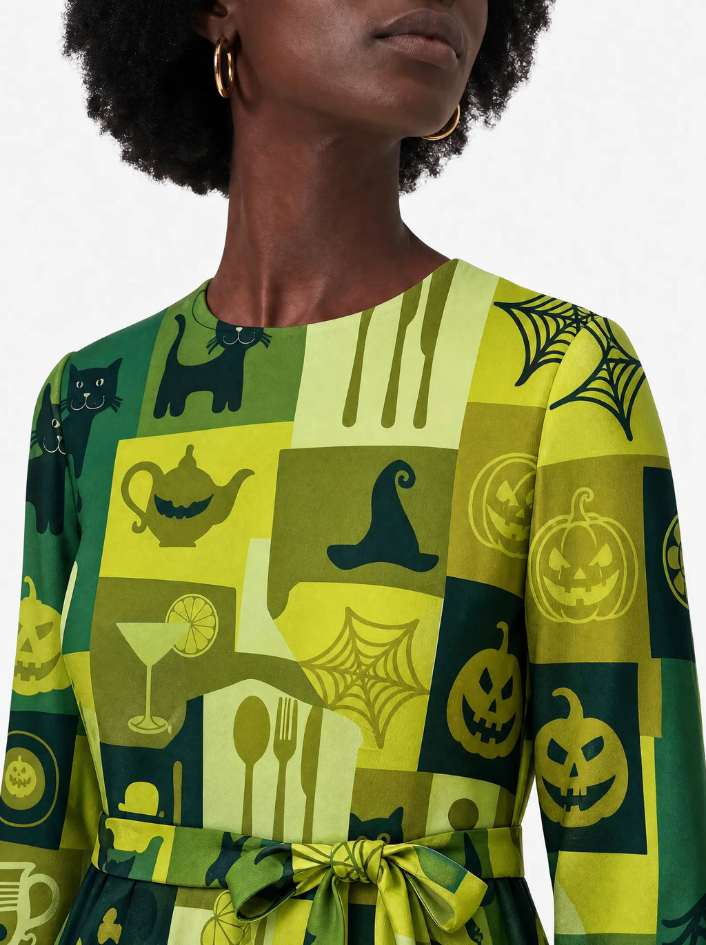 "Karamu" Halloween Long Sleeve Midaxi Dress — three-quarter view on model