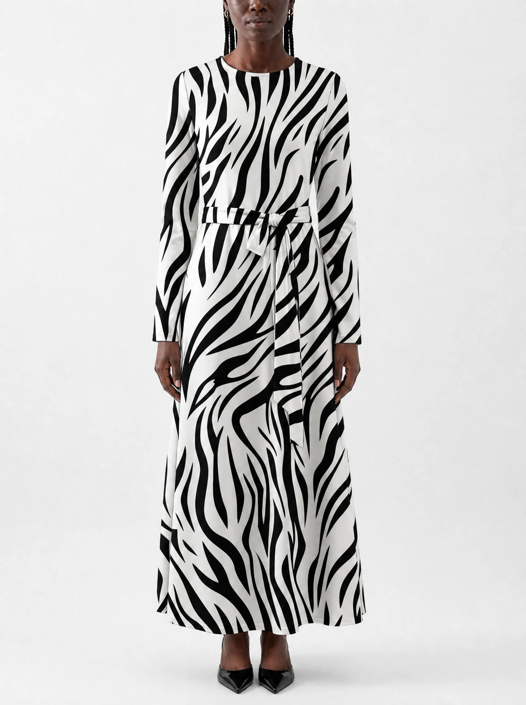 "Milia" Viscose Midi Dress — close-up of the round neckline and long sleeve