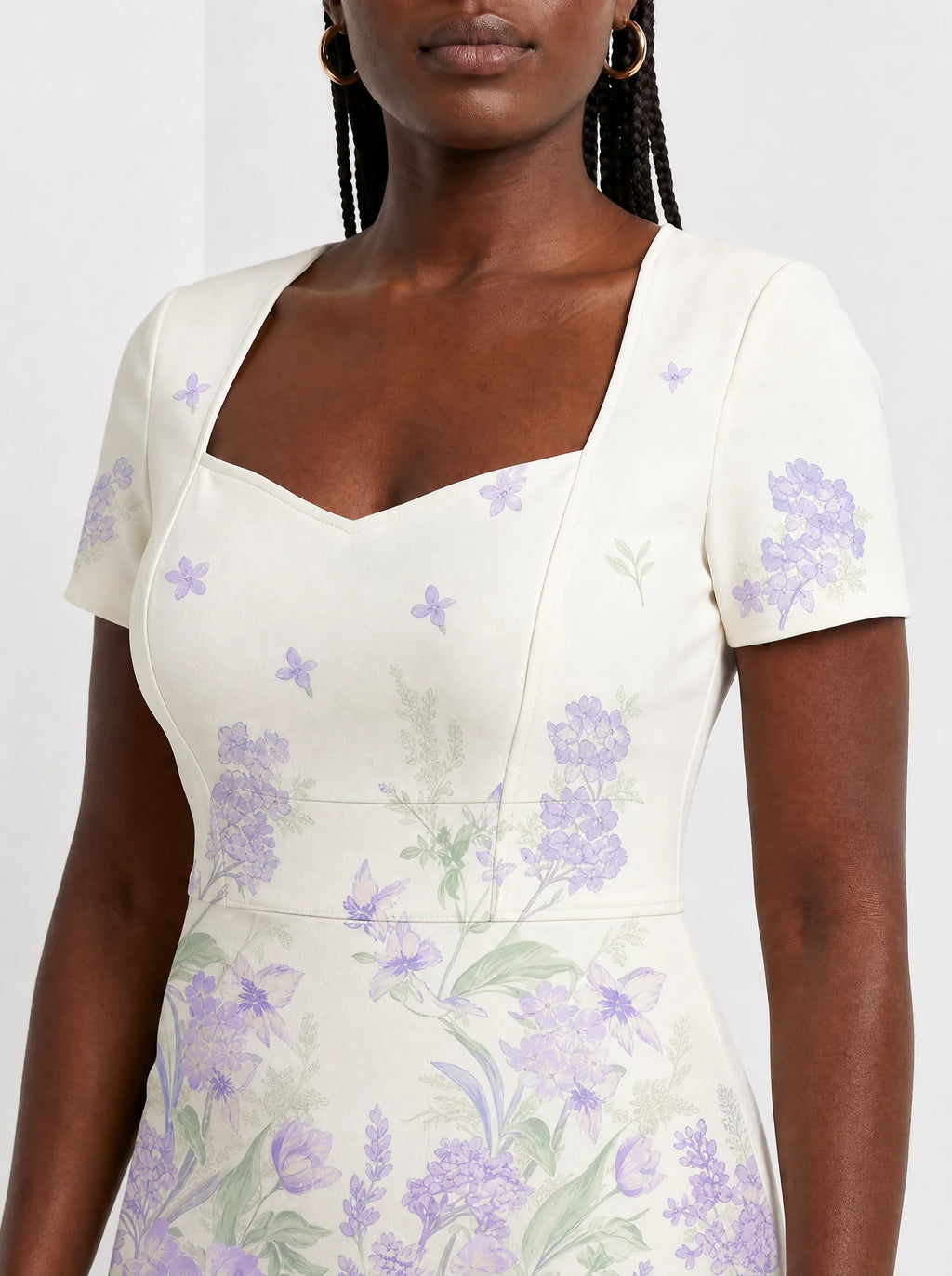 "Urujuani" Sweetheart Midi Dress — close-up of the sweetheart neckline and short sleeve
