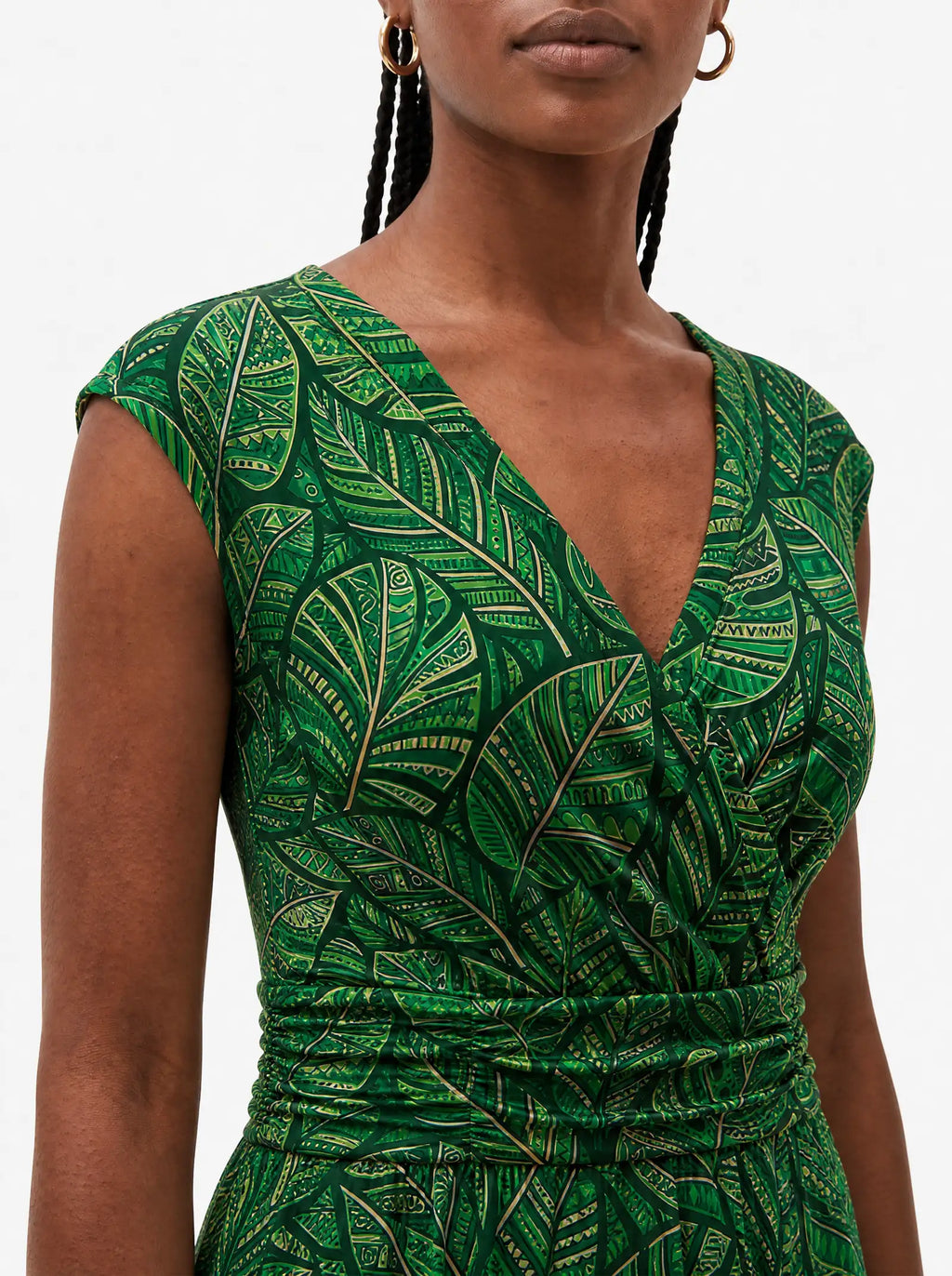 "Asili Emerald" Cap Sleeve Midi Dress — close-up of the V-neckline and cap sleeve