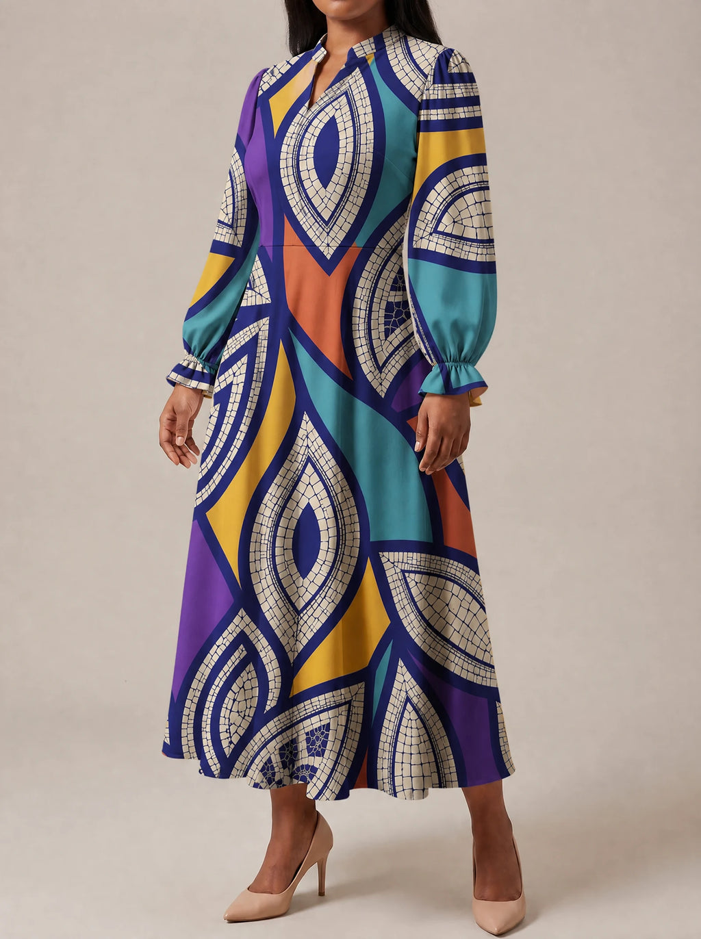 "Johari" Long Puff Sleeve Dress — three-quarter view on model