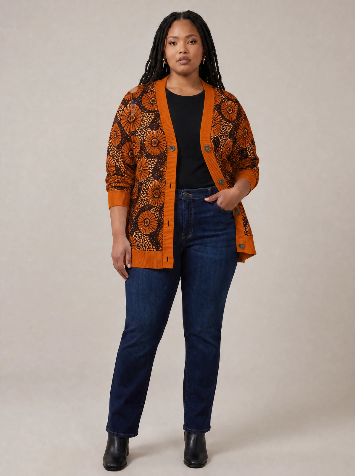 "Shada" Cardigan — on model with hands in her jeans pockets