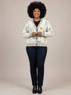 "Alizeti" Cardigan — on model fastening the buttons