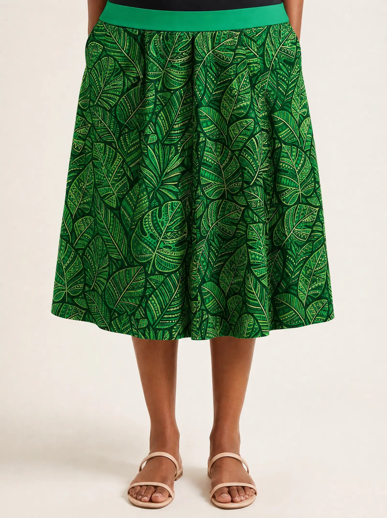 "Asili Emerald" Twirl Skirt — close-up of the hem at mid-calf