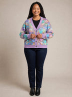 "Almasi" Cardigan — on model fastening the buttons