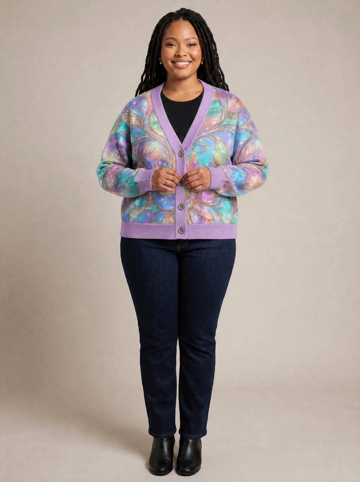 "Almasi" Cardigan — on model fastening the buttons