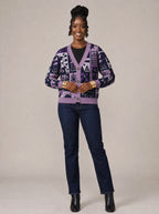 "Lavenda" Cardigan — on model fastening the buttons