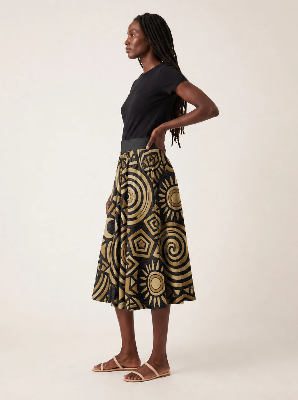 "Sahara" Twirl Skirt — side profile on model