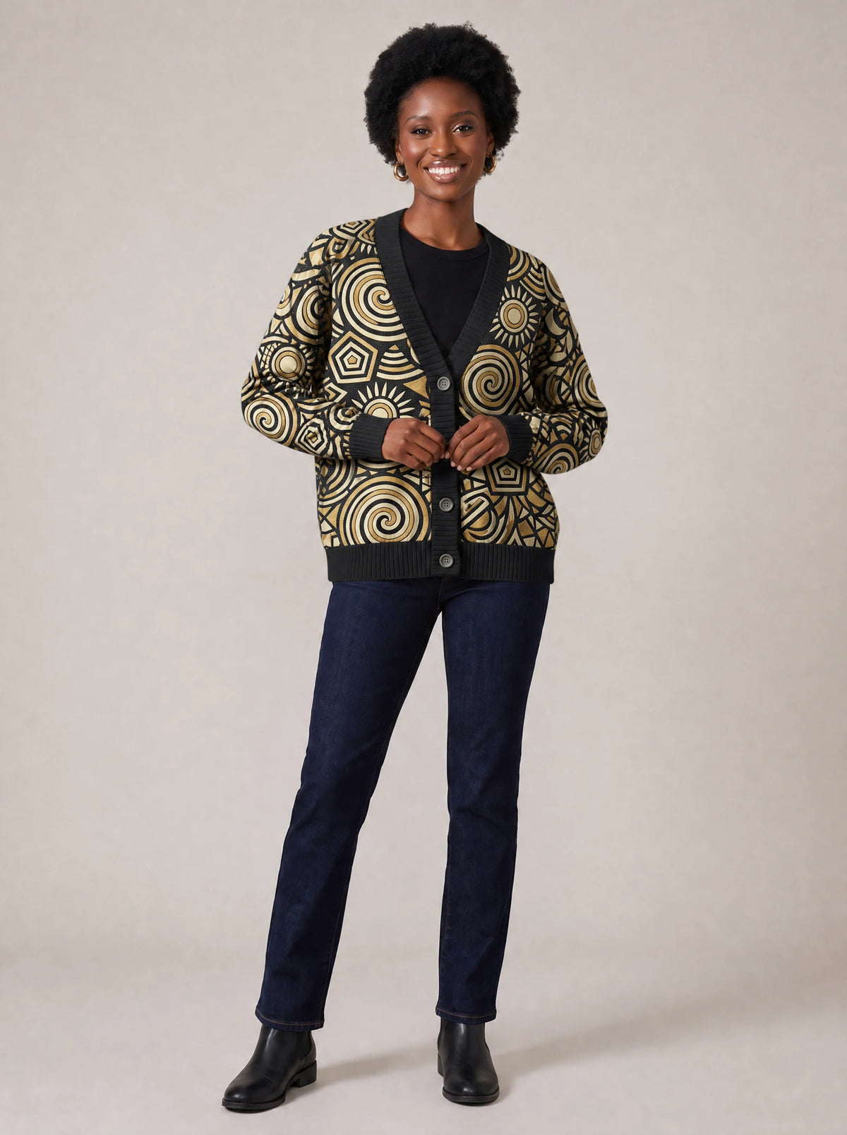 "Sahara" Cardigan — on model fastening the buttons