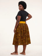 "Mudcloth" Twirl Skirt — back three-quarter view, looking over shoulder