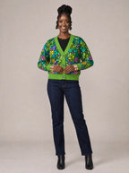 "Zumaridi" Cardigan — on model fastening the buttons