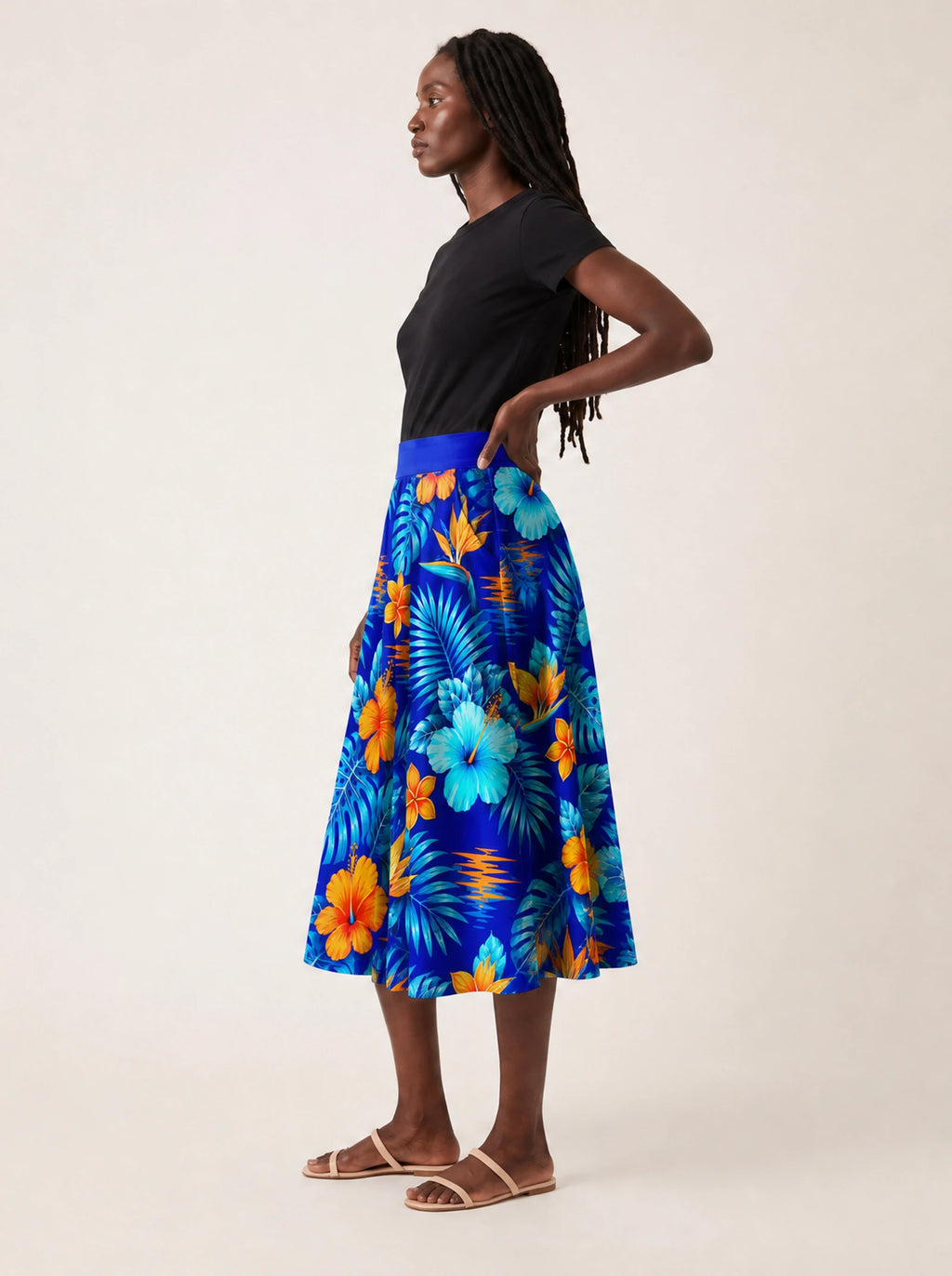 "Maua" Twirl Skirt — side profile on model