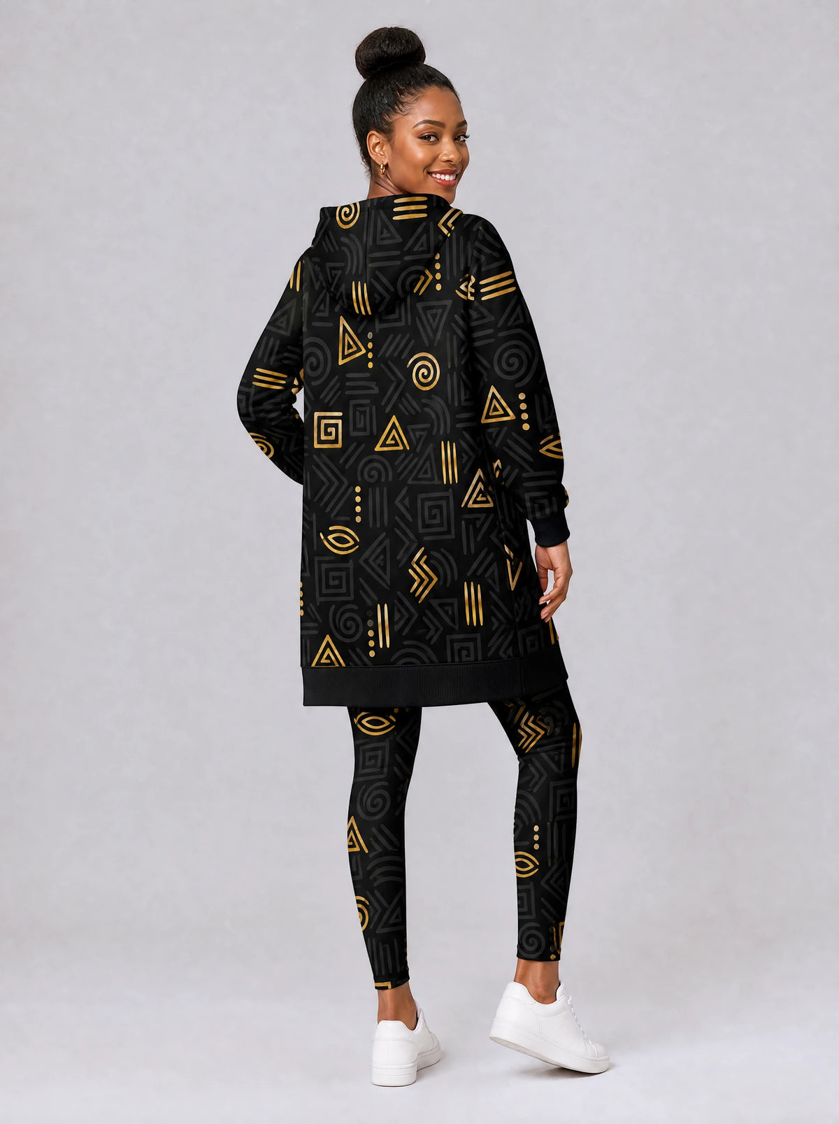 "Ishara" Hoodie Dress — back view on model, styled with the matching leggings