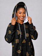 "Ishara" Hoodie Dress — close-up on model, hood up, styled with the matching leggings