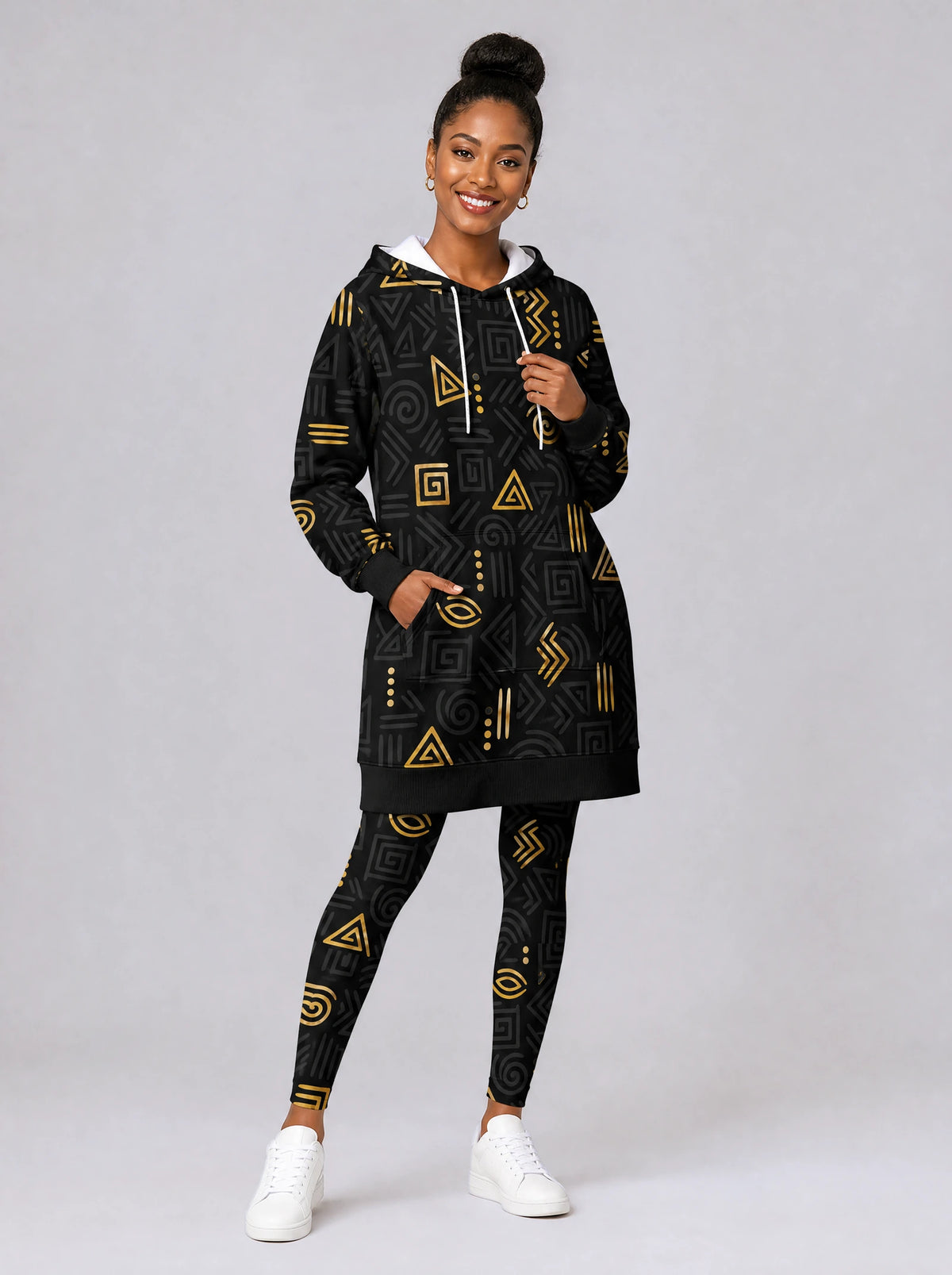 "Ishara" Leggings — full length on model, styled with the matching hoodie dress