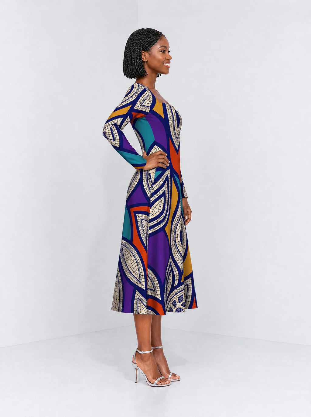 "Johari" Long Sleeve Sweetheart Midi Dress — side view on model