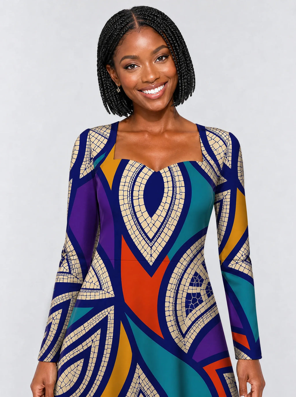"Johari" Long Sleeve Sweetheart Midi Dress — print close-up on model