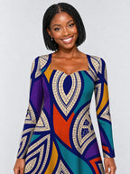 "Johari" Long Sleeve Sweetheart Midi Dress — print close-up on model