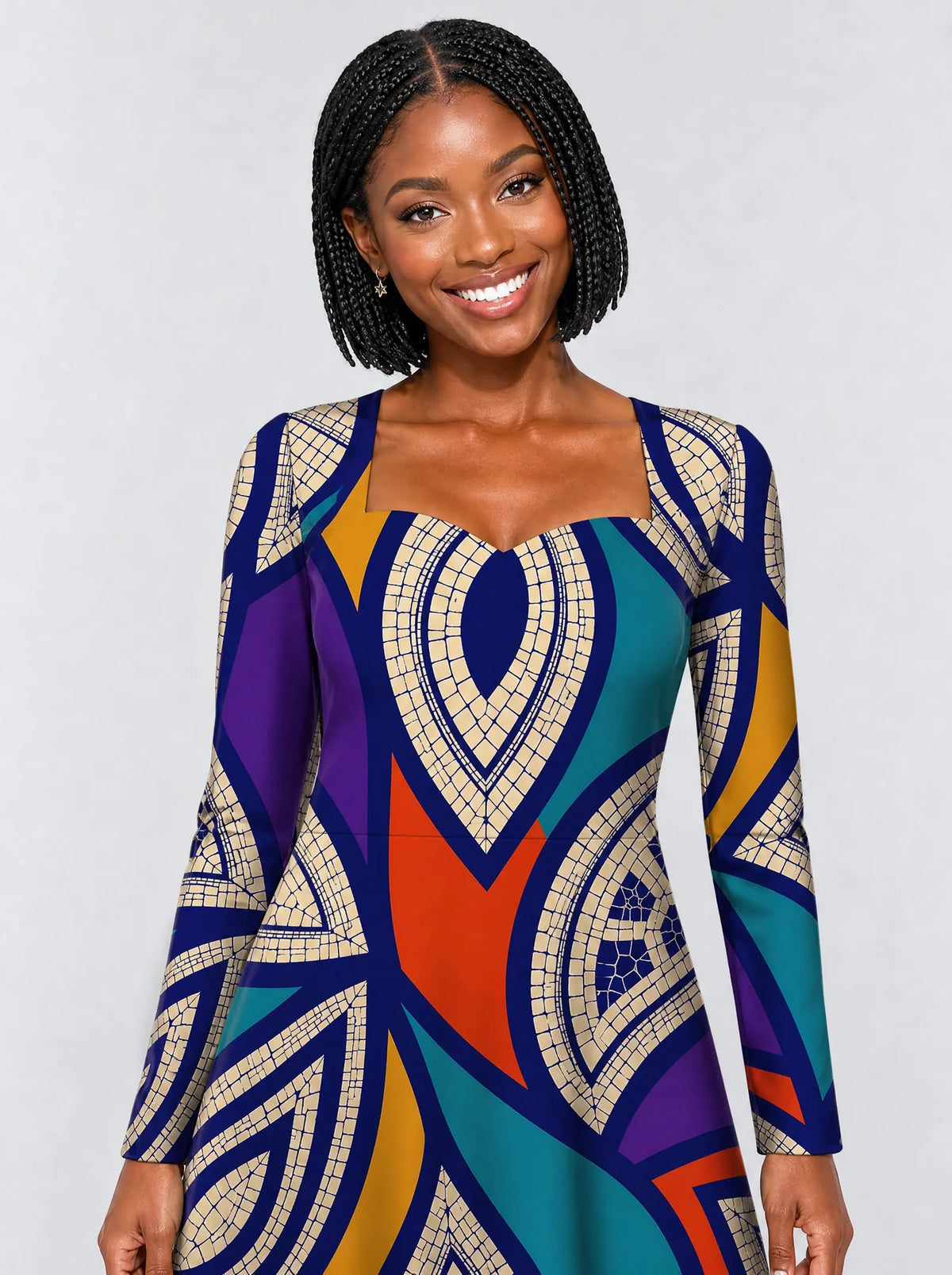 "Johari" Long Sleeve Sweetheart Midi Dress — print close-up on model