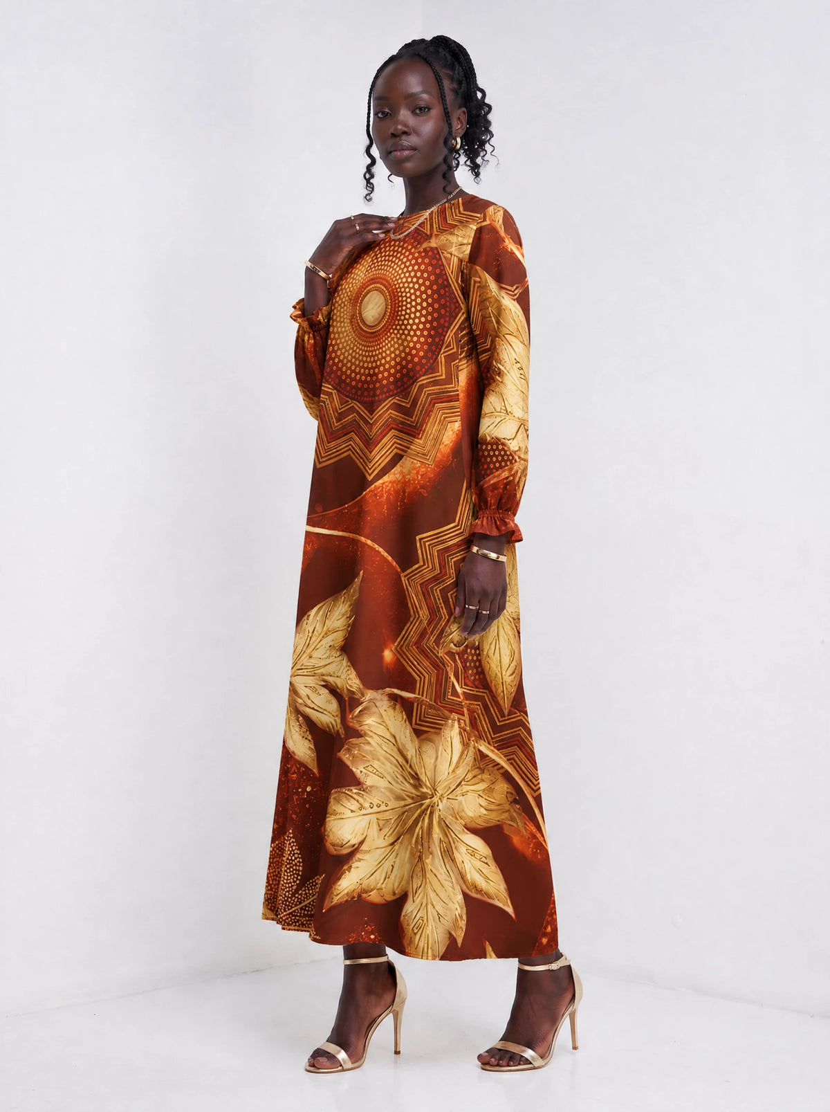 "Joto" Long Sleeve Maxi Dress — three-quarter view on model
