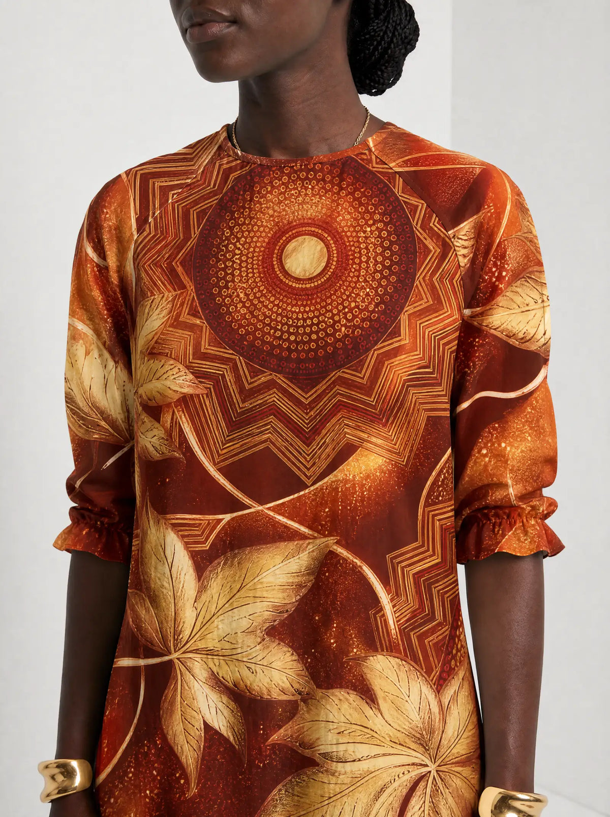 "Joto" Long Sleeve Maxi Dress — close-up of the high round neckline