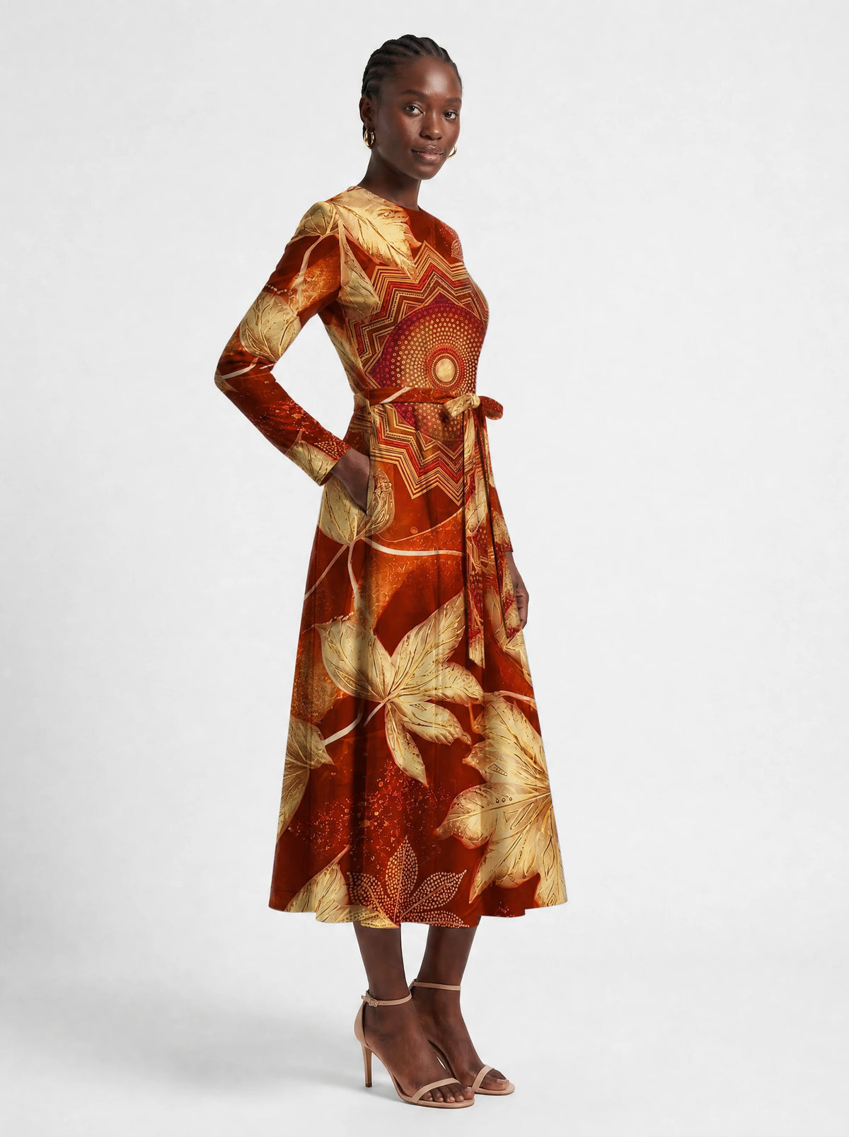 "Joto" Long Sleeve Midaxi Dress — three-quarter view on model, hand in the side pocket
