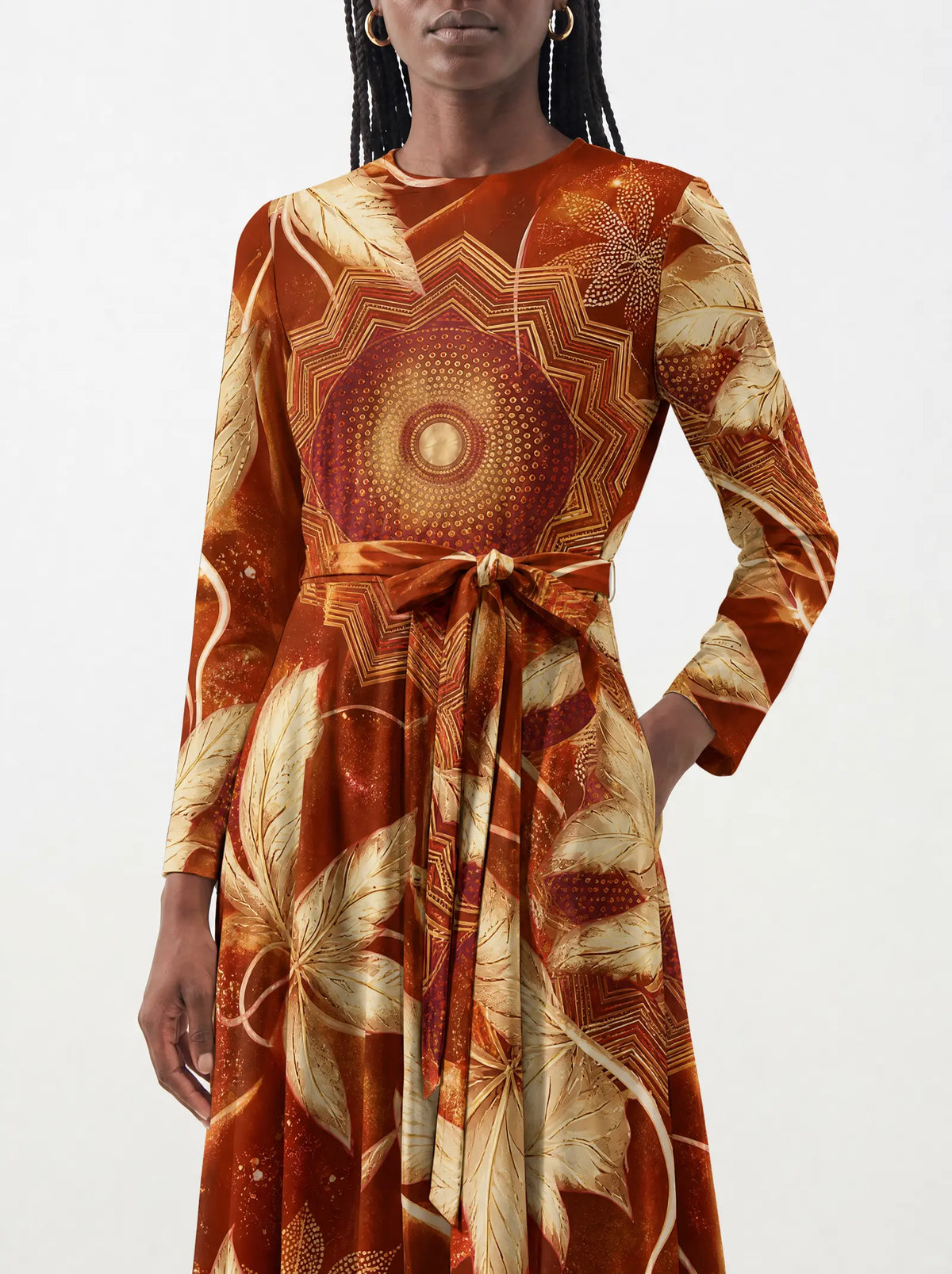 "Joto" Long Sleeve Midaxi Dress — close-up of the tie sash and the in-seam side pocket
