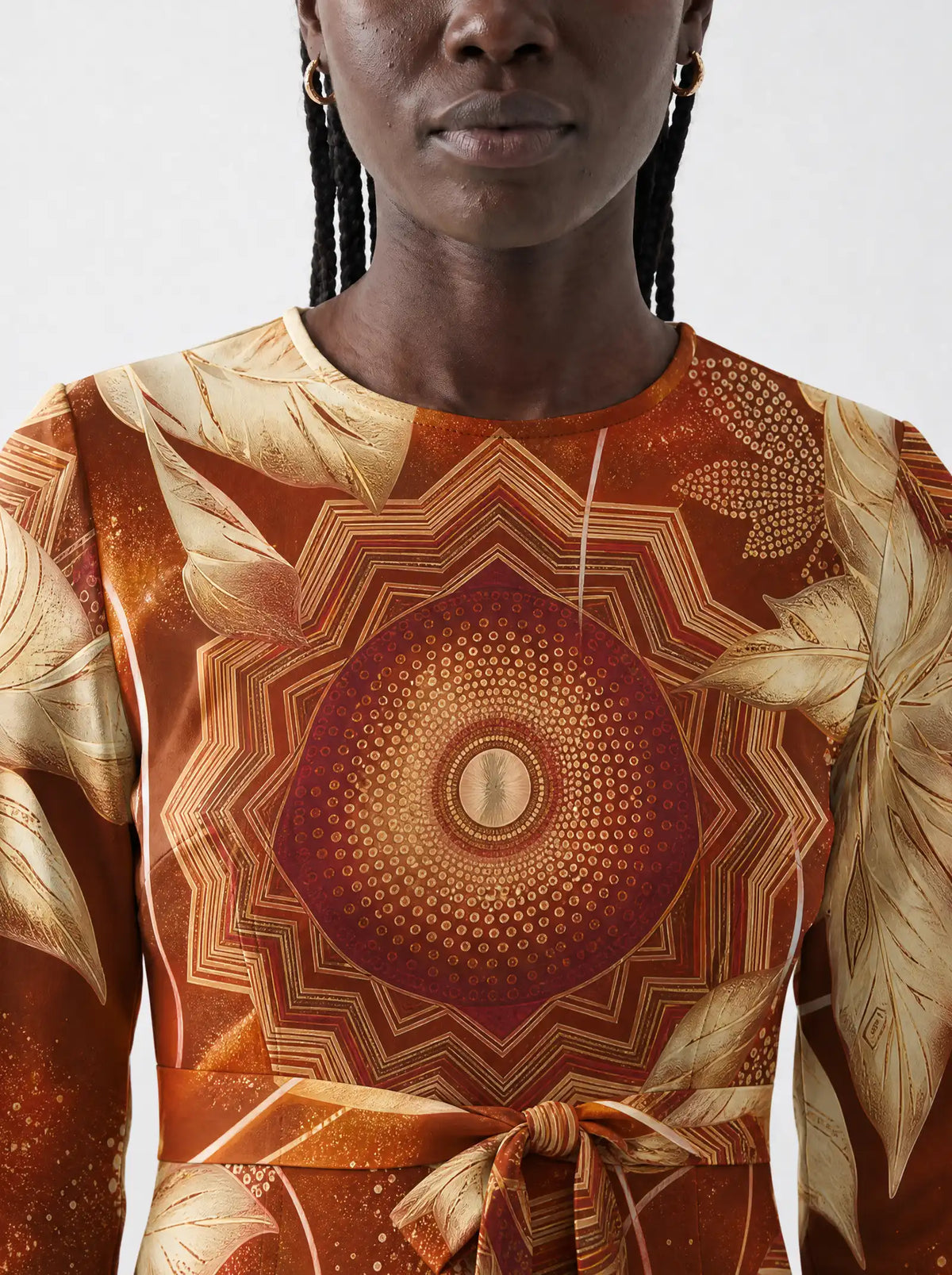 "Joto" Long Sleeve Midaxi Dress — close-up of the round neckline and long sleeve