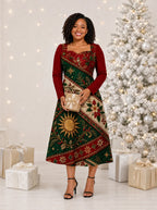 "Jua Kuu" Long Sleeve Sweetheart Midi Dress — on model, Christmas backdrop