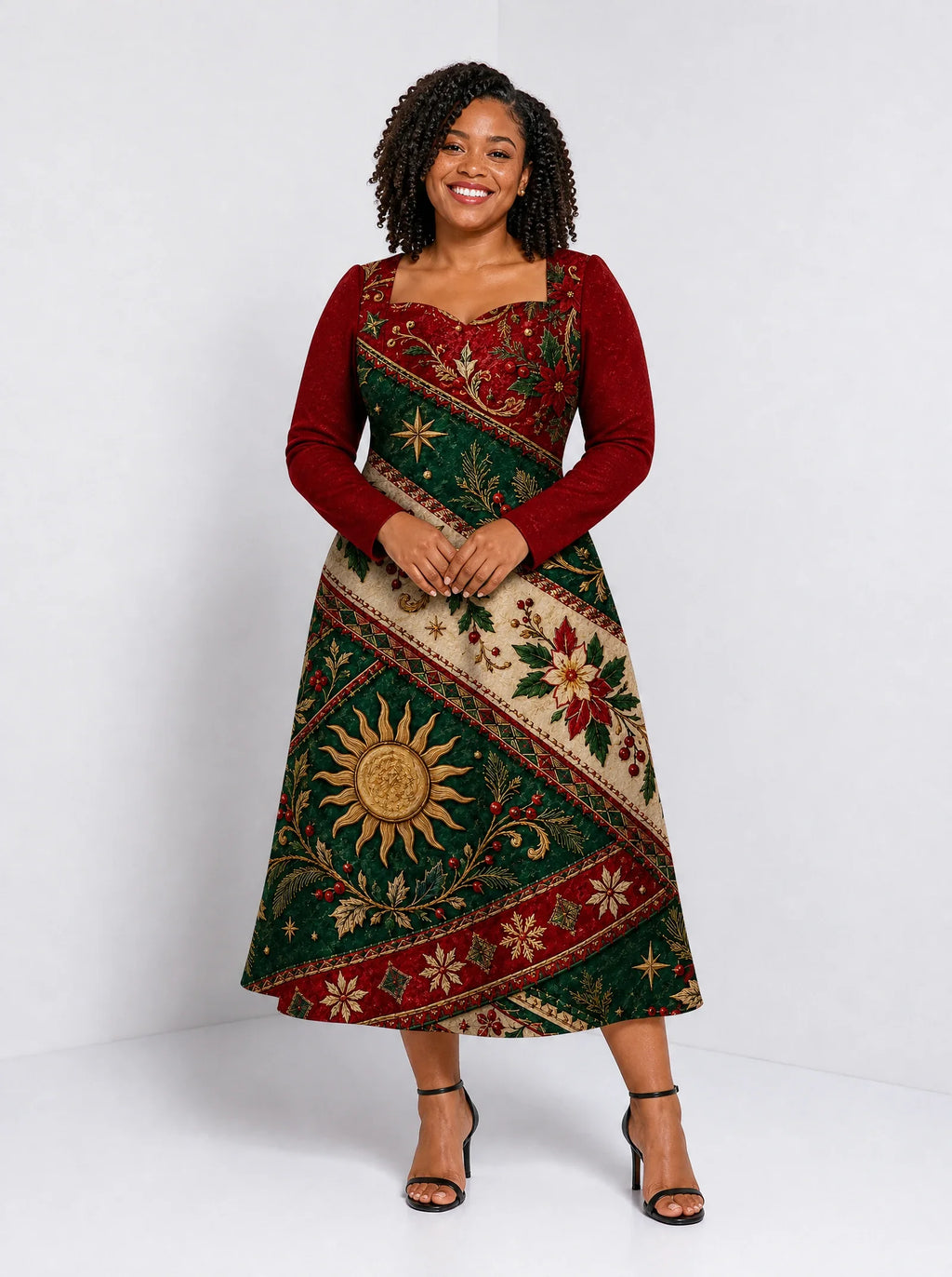 "Jua Kuu" Long Sleeve Sweetheart Midi Dress — front view on model