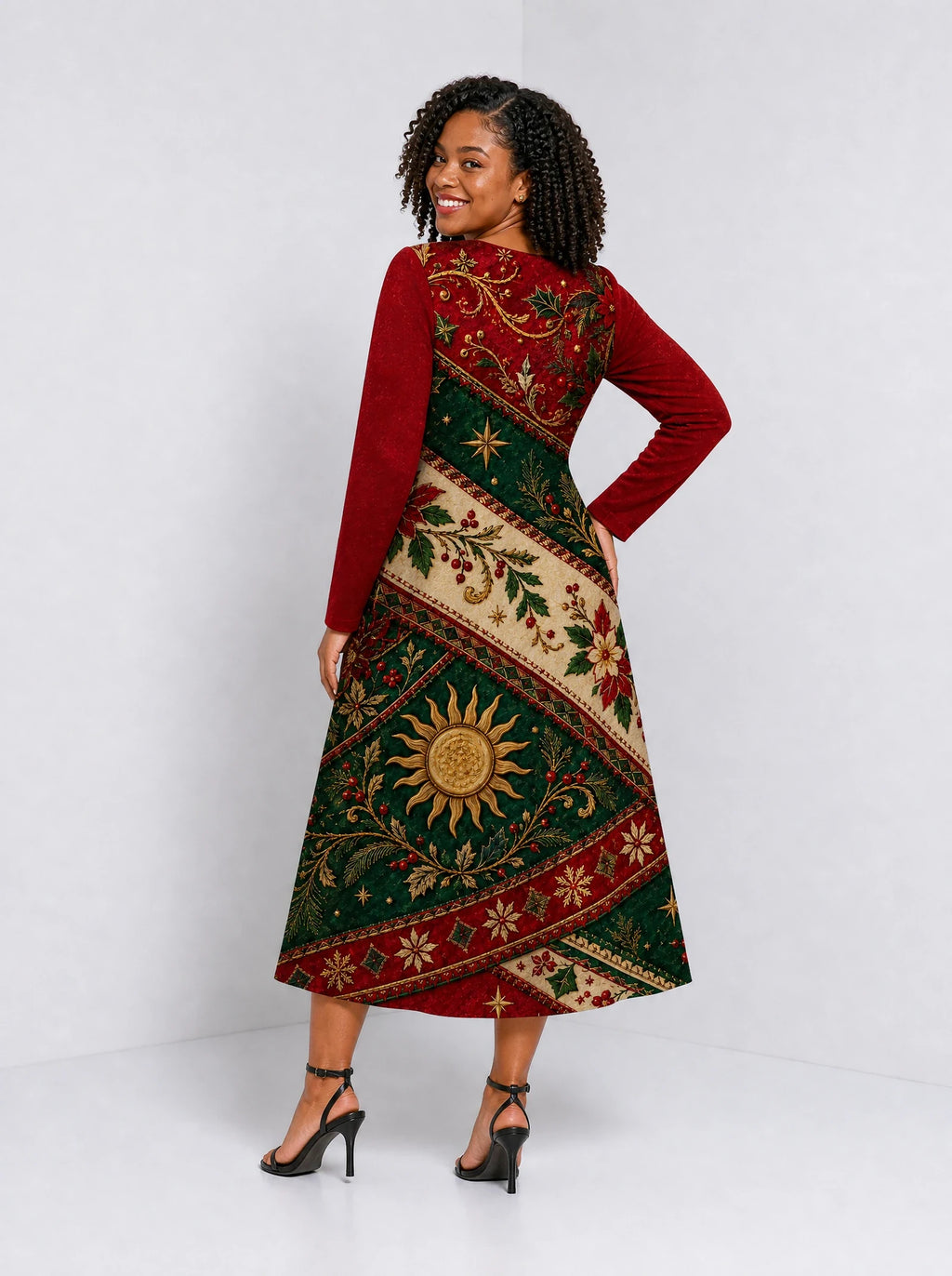 "Jua Kuu" Long Sleeve Sweetheart Midi Dress — back view on model