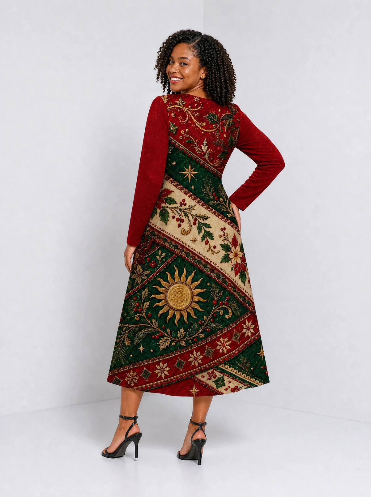"Jua Kuu" Long Sleeve Sweetheart Midi Dress — back view on model