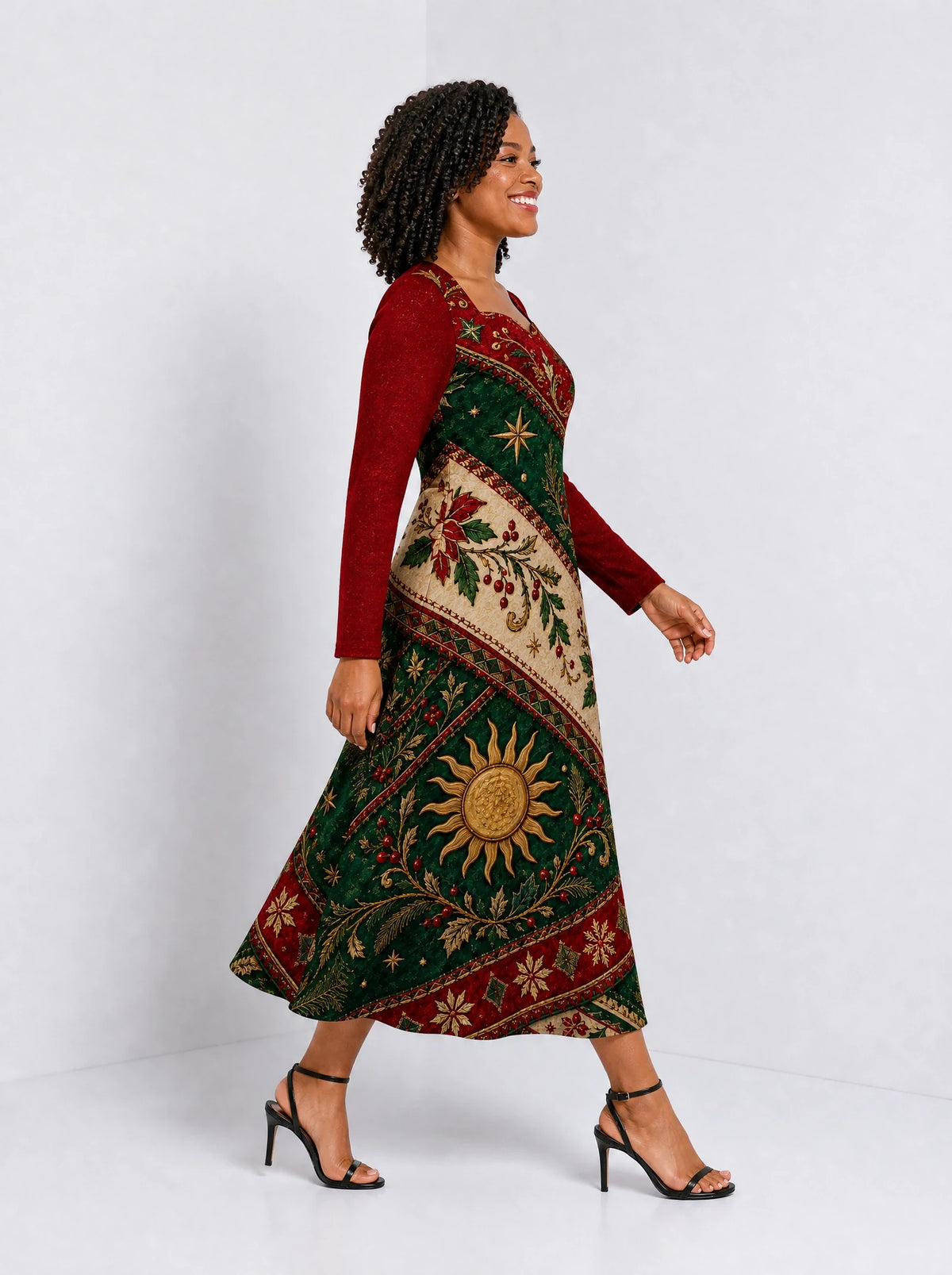 "Jua Kuu" Long Sleeve Sweetheart Midi Dress — side view on model