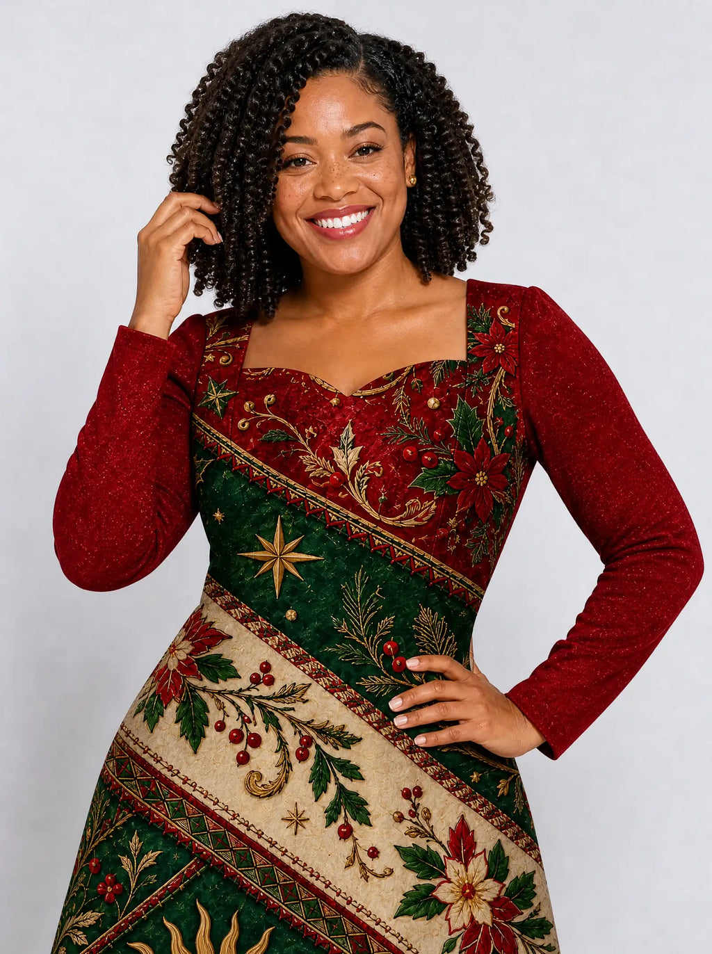 "Jua Kuu" Long Sleeve Sweetheart Midi Dress — print close-up on model