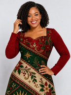 "Jua Kuu" Long Sleeve Sweetheart Midi Dress — print close-up on model